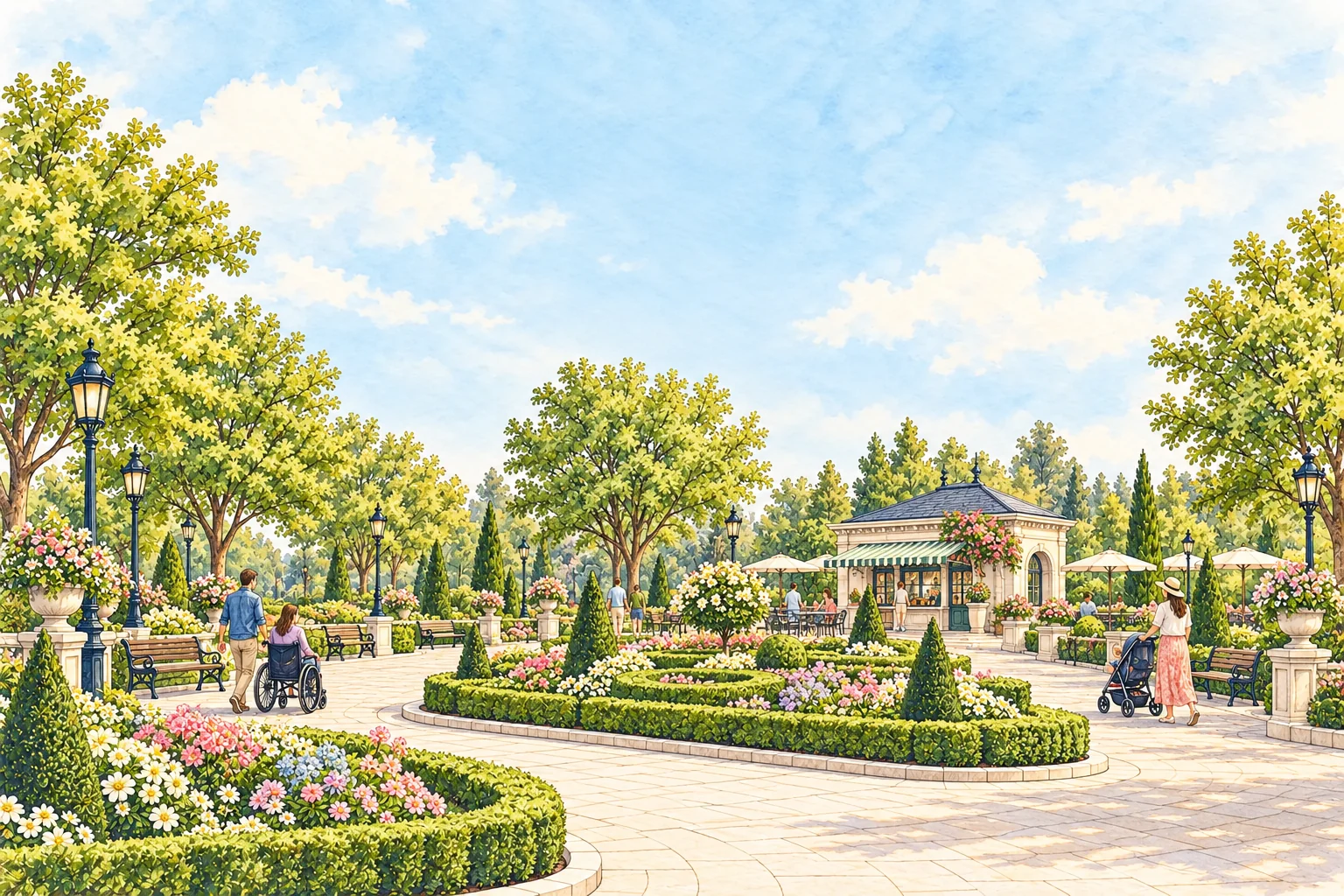 An imaginative colour ink and watercolour drawing of a French-inspired garden promenade with flower beds, trees and a low pavilion