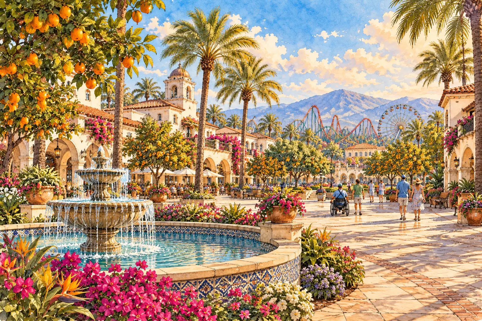 An illustration of a palm-lined Southern California plaza with orange trees, mission-style buildings, a distant coaster and Ferris wheel and mountains beyond