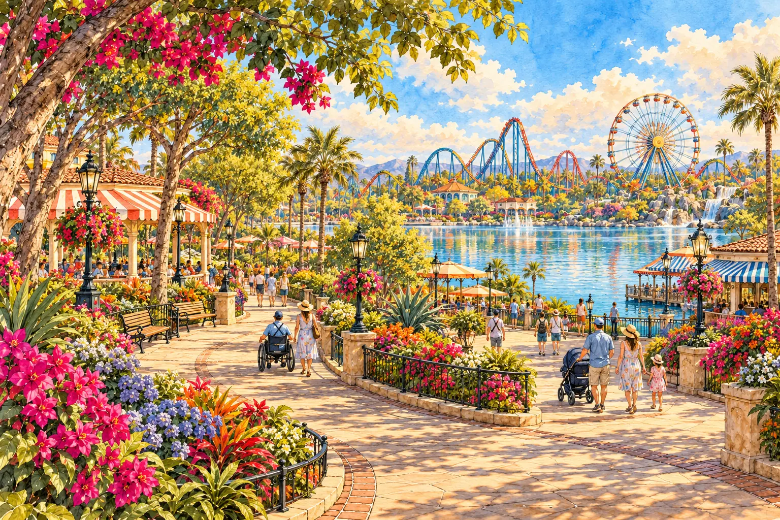 An illustration of a sunny park by a lake, with gardens, a roller coaster and a big wheel, and visitors on a wide path including a person using a wheelchair
