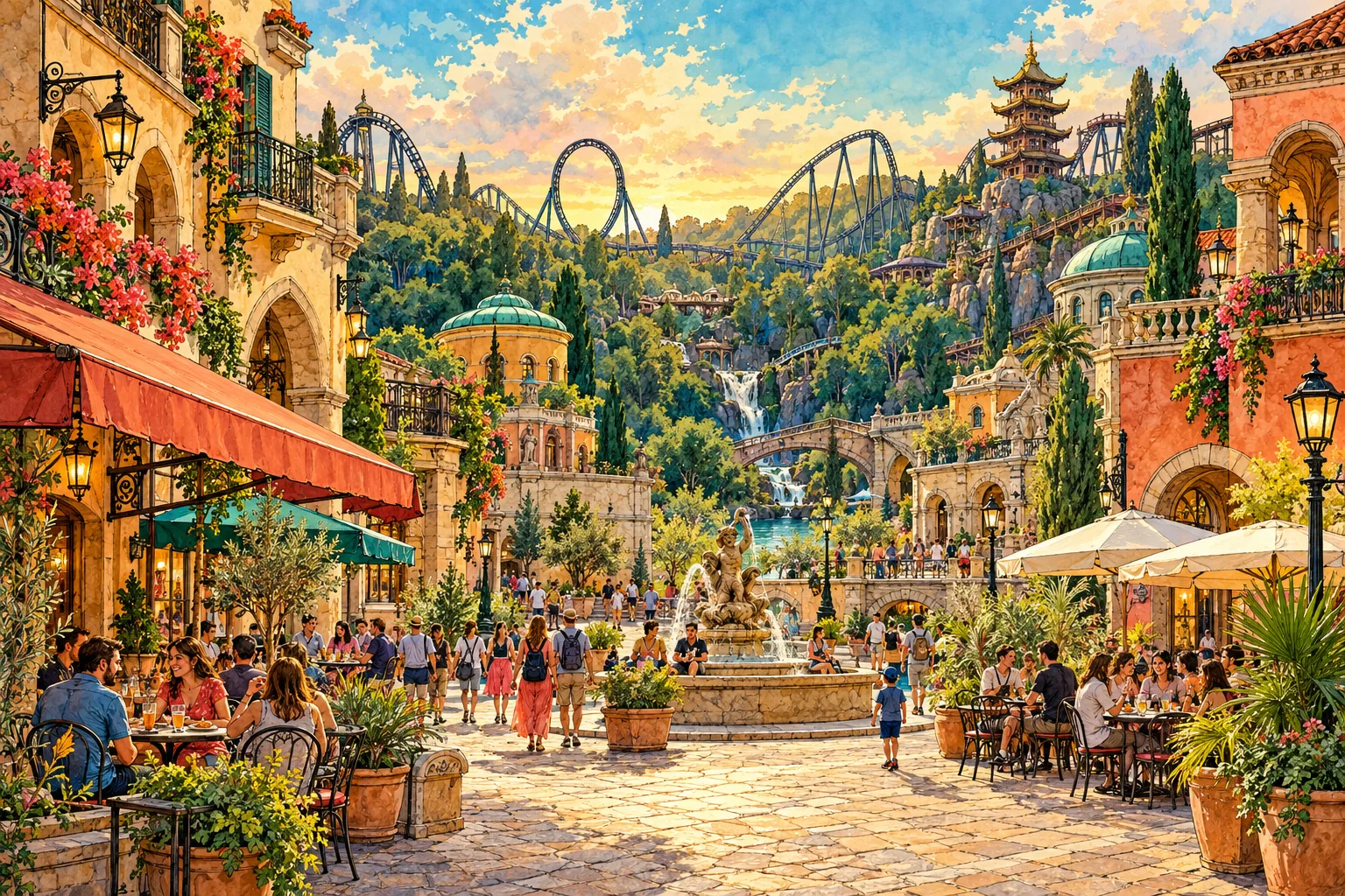 An illustration of a lively plaza, wooded valley and distant coaster